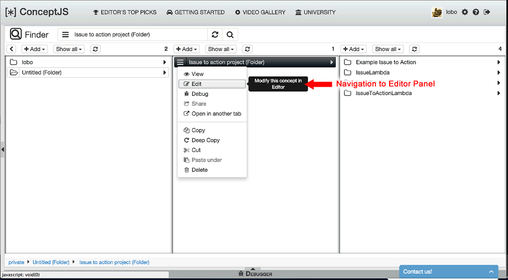 Finder Viewer, contextual menu, edit mouseover, which jumps user to Editor Panel